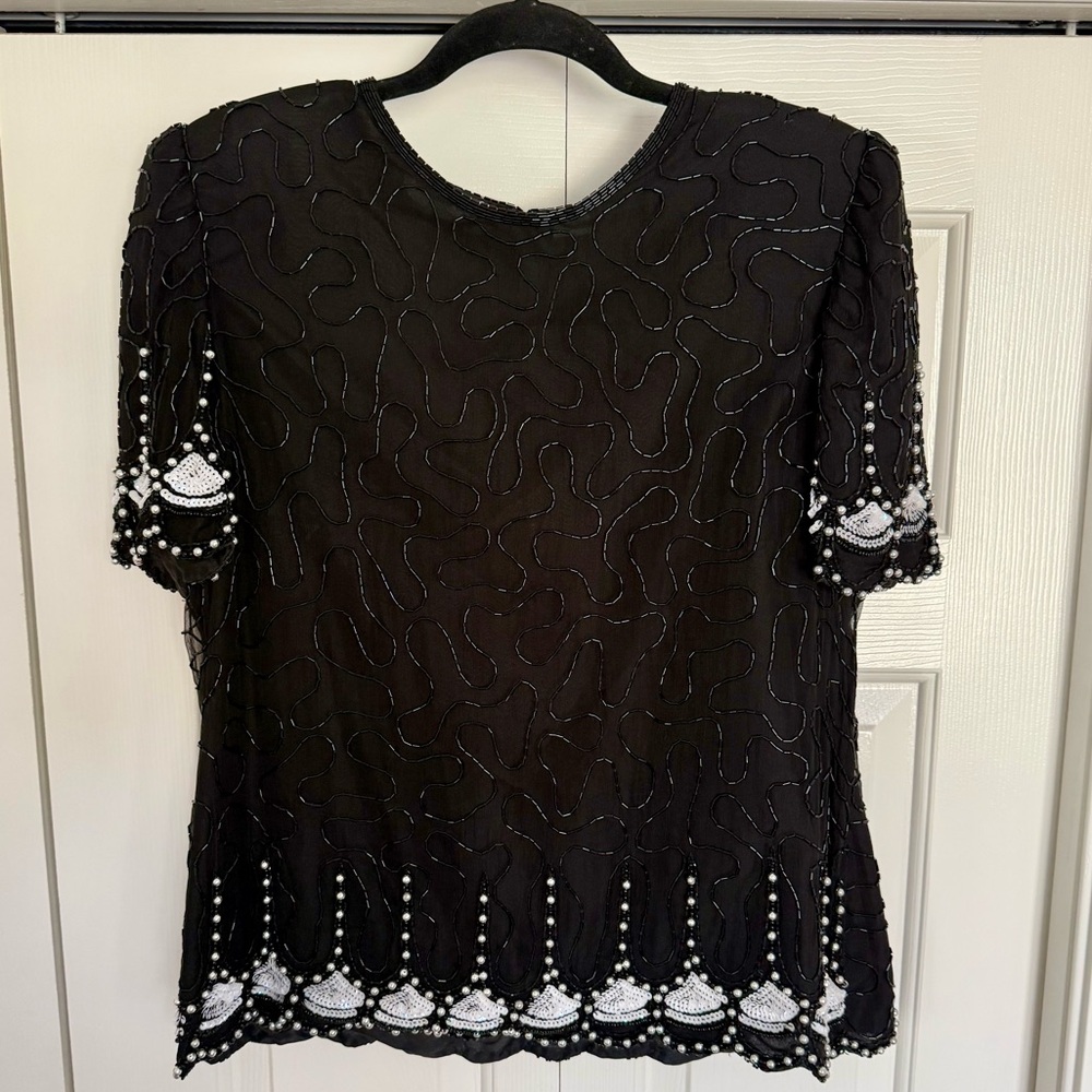 Vintage Laurence Kazar Black White Beaded Silk Top - Picture 2 of 8